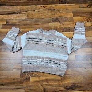 Lush Sweater Open Knit Pointelle Striped Tan White XS